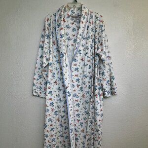 Long Cotton Knit Wrap Robe White Floral Print Satin Trim Size Medium (READ)